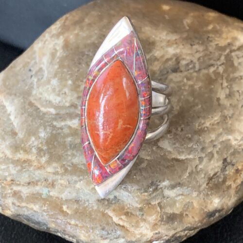 Navajo Red Spiny Oyster Opal Inlay Ring | Sterling Silver | Sz 10 | Authentic Native American Handmade | 12845