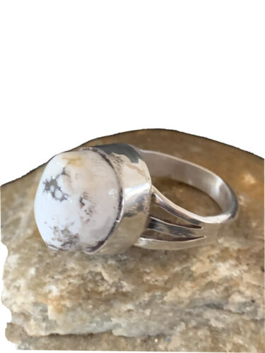 Navajo White Buffalo Turquoise Ring | Sterling Silver | Sz 9.5 | Authentic Native American Handmade | 01445