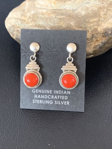 Native American Navajo Red Coral Dangle Earrings | Sterling Silver | 1" | 13113 - Masha USA