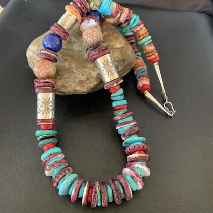 Navajo Turquoise Spiny Oyster Coral Lapis Necklace | Sterling Silver | 24" | 10824