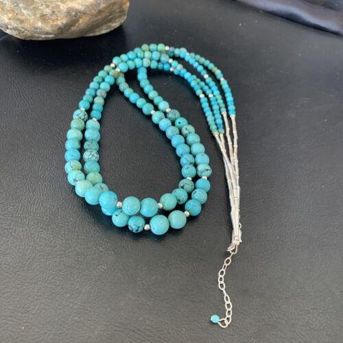 Navajo Blue Turquoise Bead Necklace | Sterling Silver | 25" | Authentic Native American Handmade | 11665 - Masha USA