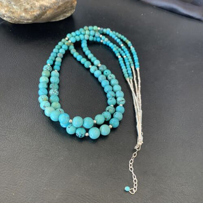 Navajo Blue Turquoise Bead Necklace | Sterling Silver | 25" | Authentic Native American Handmade | 11665 - Masha USA