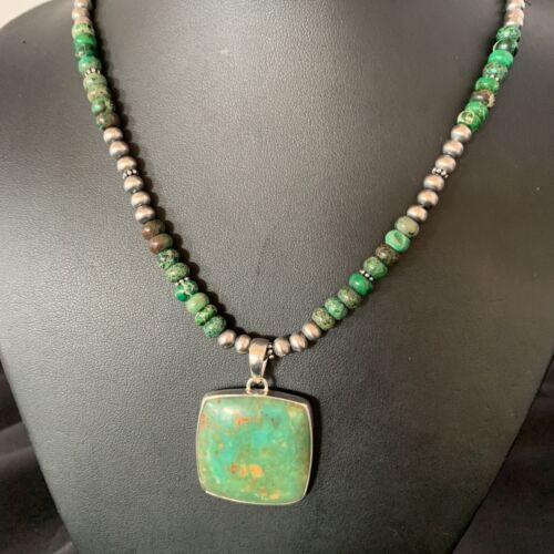 Women's Green Turquoise Pendant Necklace | Navajo Pearls Sterling Bead | Authentic Native American Handmade | 13306