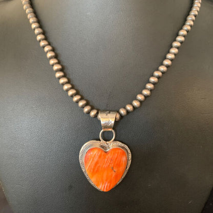Navajo Orange Heart Spiny Oyster Pendant | Sterling Silver Necklace | Authentic Native American Handmade | 13947