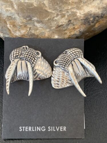 Native American Old Pawn Walrus Sterling Silver Diamond Cut Stud Earrings | 1" | 12993