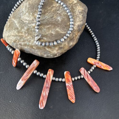 Navajo Spiny Oyster Stick Bead Necklace | Sterling Silver | 20" | Authentic Native American Handmade | 14328