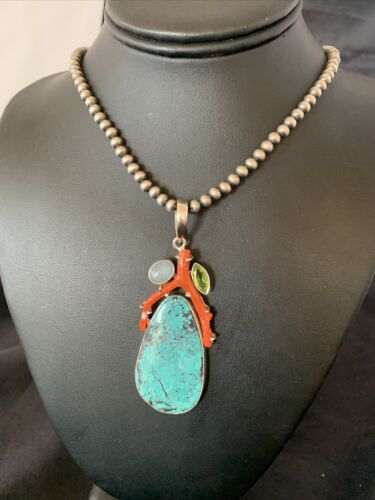 Navajo Pearl Spiderweb Turquoise Coral Pendant Necklace | Authentic Native American Sterling Silver | Multi-Stone | 11812
