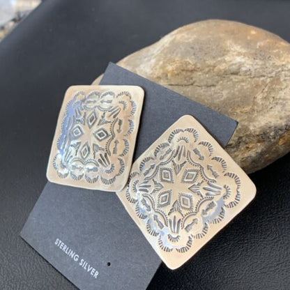 Southwestern Women's Navajo Earrings | Sterling Silver Stamped | Authentic Native American Handmade | 1676