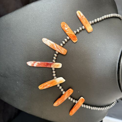 Navajo Spiny Oyster Stick Bead Necklace | Sterling Silver | 20" | Authentic Native American Handmade | 14329