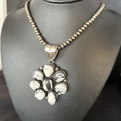 Navajo White Buffalo Turquoise Cluster Pendant | Authentic Native American Sterling Silver | Multi-Stone | 14676 - Masha USA