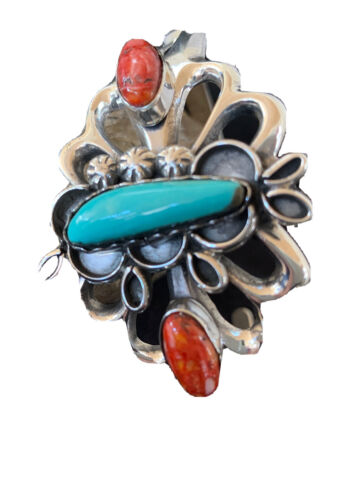 Men's Navajo Kingman Turquoise & Spiny Oyster Bracelet | Sterling Silver | Authentic Native American Handmade | 01031