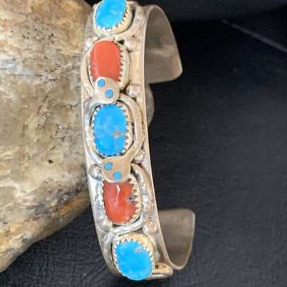 Navajo Sterling Silver Cuff Bracelet | Blue Kingman Turquoise & Coral | 5 Strand | Handmade | 12697
