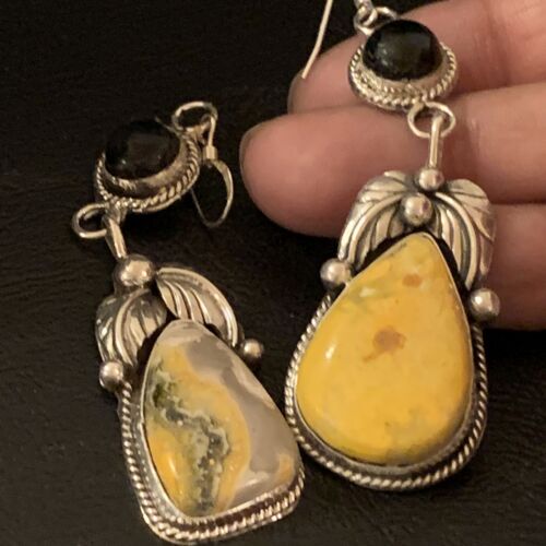 Native American Navajo Black Onyx Bumblebee Jasper Dangle Earrings | Sterling Silver | 2" | 1537