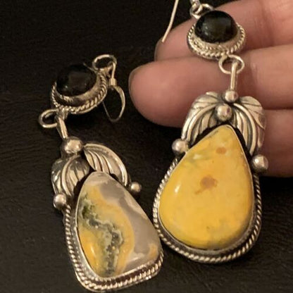 Native American Navajo Black Onyx Bumblebee Jasper Dangle Earrings | Sterling Silver | 2" | 1537