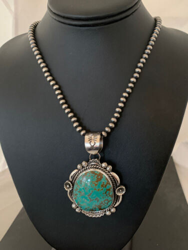 Men's Navajo Pearls Necklace Pendant | Sterling Silver | Blue Turquoise #8 | Authentic Native American Handmade | 529
