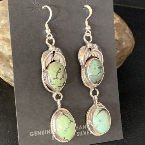 Navajo Green Spiderweb Turquoise Dangle Earrings | Sterling Silver | Authentic Native American Handmade | 13554