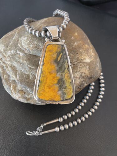 Men's Navajo Pearls Necklace with Bumblebee Jasper Pendant | Sterling Silver | Native American Handmade | 10554
