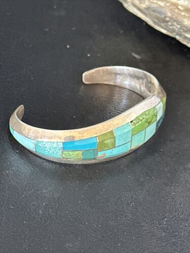 Native American Men's Blue Green Turquoise Inlay Bracelet | Sterling Silver | 14302 - Masha USA
