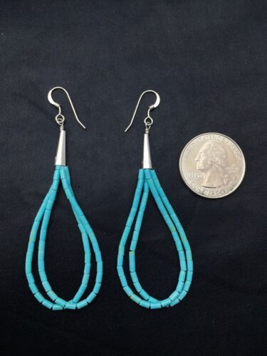 Native American Blue Turquoise Heishi Dangle Earrings | Liquid Sterling Silver | 4372