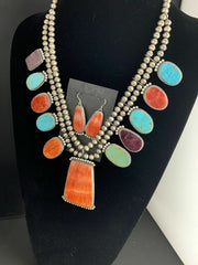Navajo XL Spiny Oyster Squash Blossom Necklace | Sterling Silver Turquoise | Authentic Native American Handmade | 12702