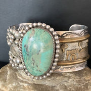 Navajo Green Turquoise Cuff Bracelet | Sterling Silver & 12K Gold | Authentic Native American Handmade | 14116