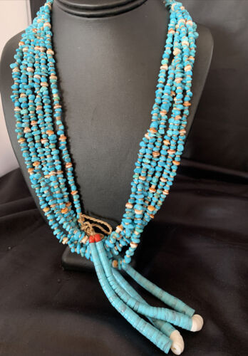 Native American Santo Domingo Spiny Blue Turquoise Shell Jacla Necklace | 36" | 13190