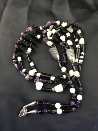 Navajo Black Onyx Mother of Pearl 3-Strand Turquoise Bead Necklace | Sterling Silver | 27" | 10150