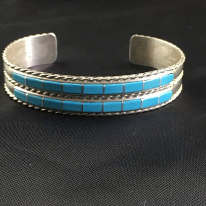 Navajo Blue Turquoise Inlay Cuff Bracelet | Sterling Silver | Authentic Native American Handmade | 1974