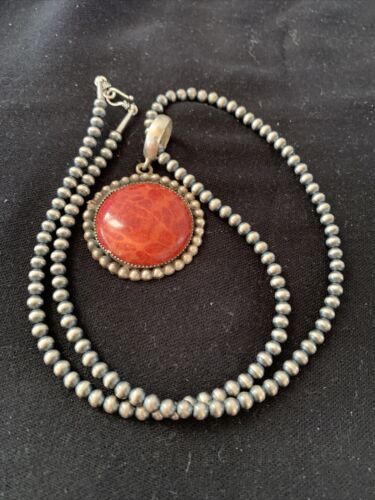 Native American Men's Navajo Red Apple Coral Pendant Necklace | Sterling Silver | 1314