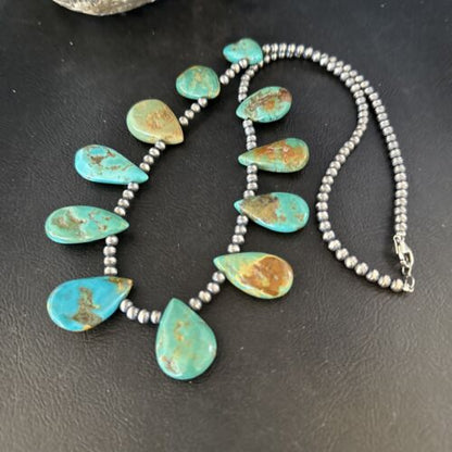 Southwestern Navajo Pearls Necklace | Sterling Silver | Blue Turquoise Teardrop | 14300