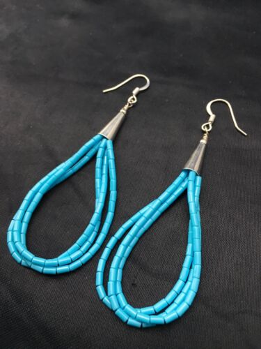 Liquid Silver Heishi Dangle Earrings | Blue Turquoise | Sterling Silver | 3-Strand | 2.5" | 4371