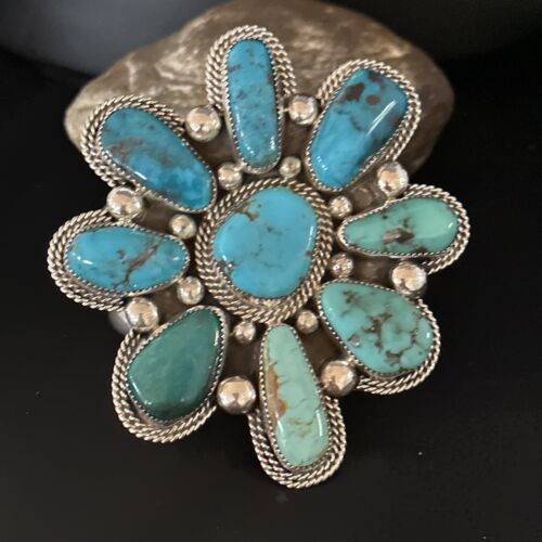 Navajo Sterling Silver Cluster Kingman Turquoise Cuff Bracelet | Authentic Native American Handmade | 14586