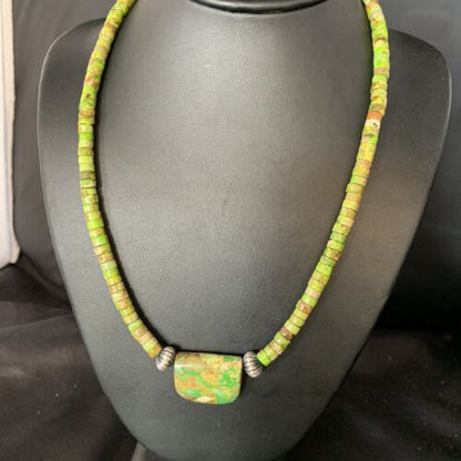 Navajo Green Gaspeite Turquoise Pendant | Sterling Silver | Authentic Native American Handmade | 13945
