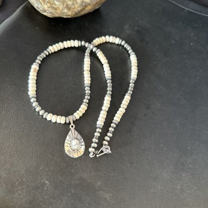 Navajo White Buffalo Turquoise Pendant Necklace | Sterling Silver | Authentic Native American Handmade | 14613