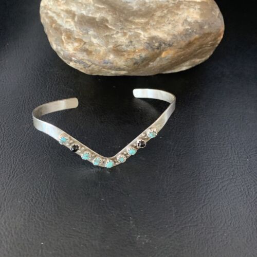 Navajo Old Pawn Cuff Bracelet | Sterling Silver | Handmade Blue Turquoise & Onyx | 13583