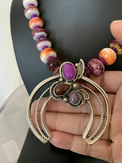 Navajo Purple Red Spiny Sugilite Necklace | Authentic Native American Sterling Silver | Naja Pendant | 00911