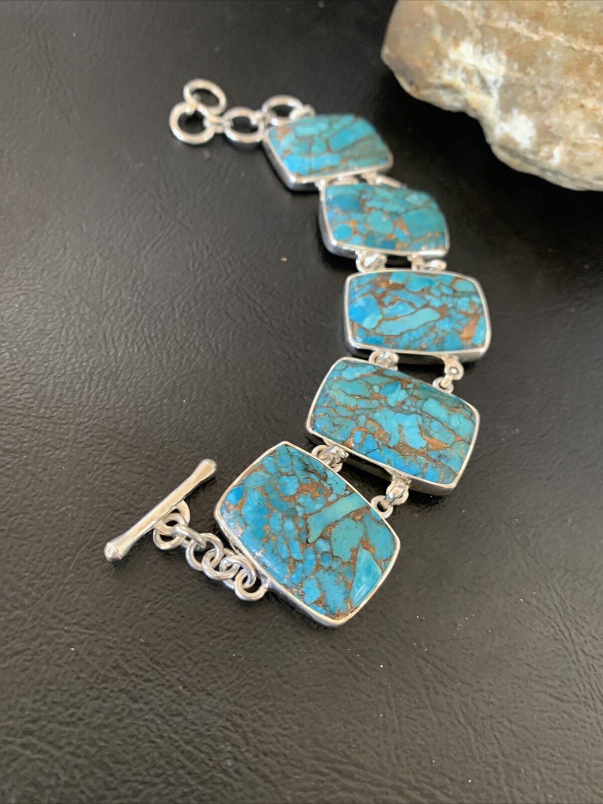 Navajo Blue Mojave Turquoise Link Bracelet | Sterling Silver | 8" | Authentic Native American Handmade | 11628