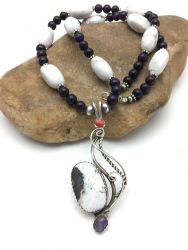 Navajo White Buffalo Sugilite Multi-Stone Pendant Set | Authentic Native American Sterling Silver | 24" | 2816