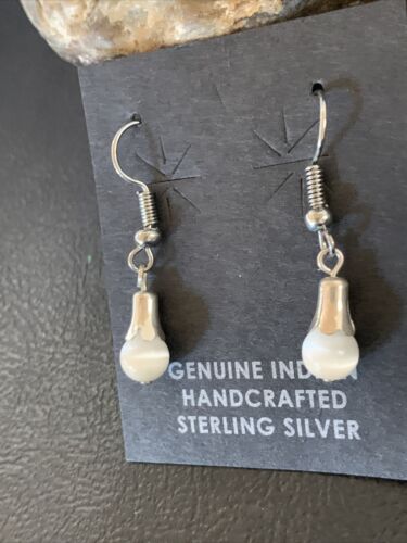 Navajo Sterling Silver White Moonstone Dangle Earrings | 0.50" | Authentic Native American Handmade | 13087 - Masha USA