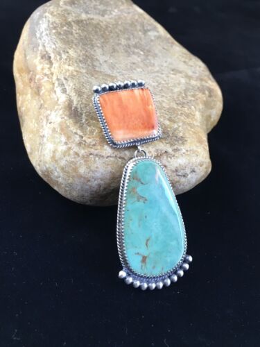 Navajo Blue Turquoise & Spiny Oyster Necklace Pendant | Sterling Silver | Native American Handmade | 10065