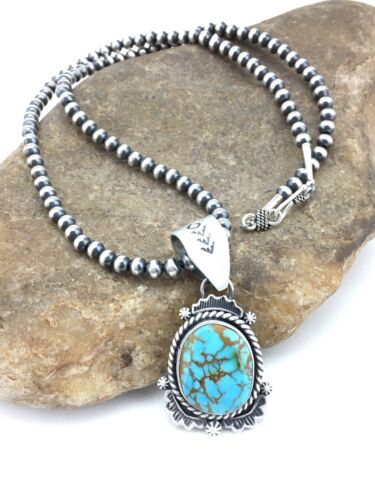 Navajo Sterling Silver Necklace | Spiderweb Turquoise Pendant | 2.25" | Authentic Native American Handmade | 13918