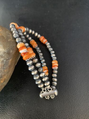 Navajo Pearls Sterling Silver Orange Spiny Oyster Bead Bracelet | 7.5" | Authentic Native American Handmade | 13801