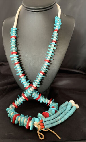 Native Santo Domingo Blue Turquoise Red Coral 34 " Necklace Nugget Bead 13197