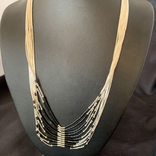 Navajo Black Onyx Liquid Silver Heishi Necklace | 10 Strand Sterling Tubes | Authentic Native American | 12298