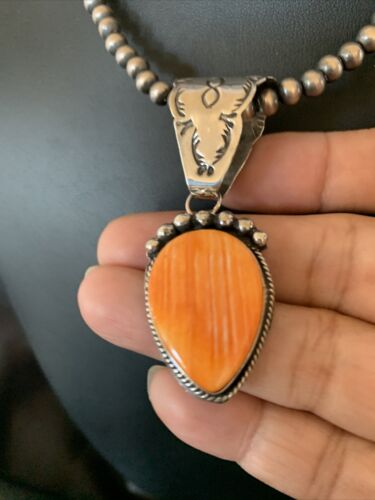 Navajo Orange Spiny Oyster Pendant Necklace | Sterling Silver | Authentic Native American Handmade | 13078