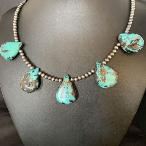 Navajo Teardrop Blue Turquoise Necklace | Sterling Silver Pearls | 20" | 13960