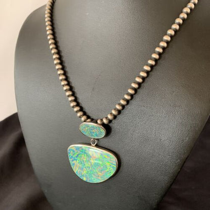 Navajo Blue Gilson Opal Inlay Pendant Necklace | Authentic Native American Sterling Silver | Multi-Stone | 11457 - Masha USA