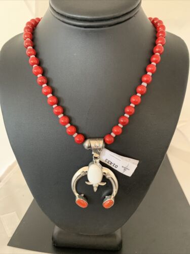 Navajo Sterling Silver Naja Pendant Necklace | White Buffalo Turquoise & Coral | Authentic Native American Handmade | 1433