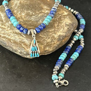 Zuni Blue Turquoise Lapis Multi-Stone Necklace Pendant | Authentic Native American Sterling Silver | 14639