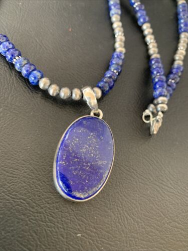 Native American Navajo Blue Lapis Pendant Necklace | Sterling Silver | Authentic Handmade | 11914 - Masha USA